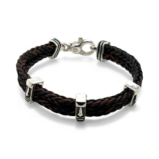 Triple Moai on Double Leather Bracelet