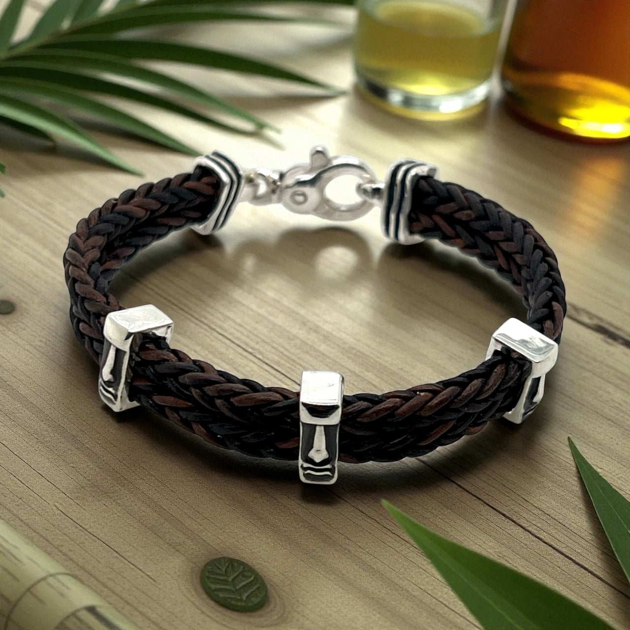 Triple Moai on Double Leather Bracelet